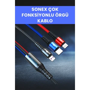 3'ü 1 Arada Hızlı Şarj Kablosu – Type-C, Micro Usb, Lightning – Örgü Kablo