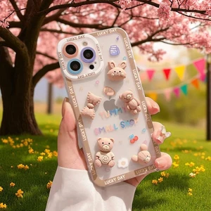 iPhone 15 Pro Max Uyumlu Zebana Sevimli 3 Boyutlu Tavşan ve Ayıcık Figürlü Esnek Silikon Kılıf