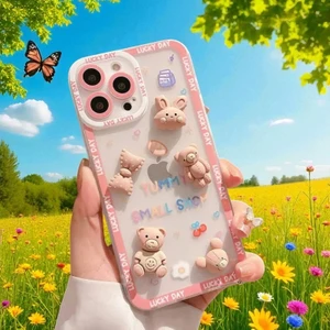 iPhone 15 Pro Uyumlu Zebana Sevimli 3 Boyutlu Tavşan ve Ayıcık Figürlü Esnek Silikon Kılıf