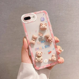 iPhone 8 Plus Uyumlu Zebana Sevimli 3 Boyutlu Tavşan ve Ayıcık Figürlü Esnek Silikon Kılıf