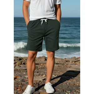 Pamuklu Erkek Haki Casual Şort 2 Iplik Yan Cepli Bağcıklı Regular Fit Boru Paça Günlük Bermuda