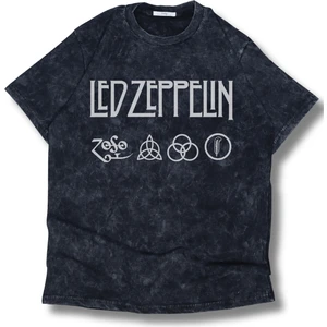 Fuddy Moda Unisex LED Zeppelin Baskılı Yıkamalı Tişört, Oversize Rock-Metal Baskılı Retro T-Shirt