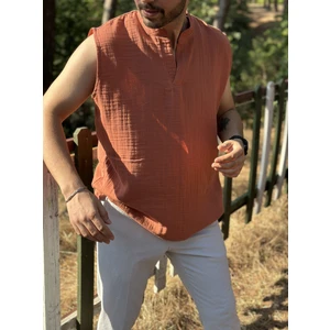 Sıfır Kol Hakim Yaka Müslin Kumaş Yazlık Erkek T-Shirt