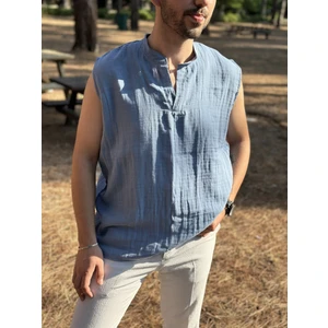 Sıfır Kol Hakim Yaka Müslin Kumaş Yazlık Erkek T-Shirt