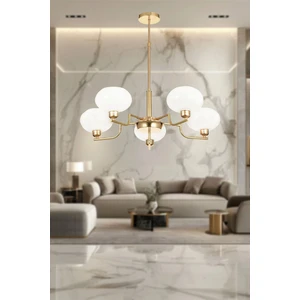 Vanna 5 li Beyaz Camlı Salon Oturma Odası Modern Sarkıt Avize - (Gold Kaplama)