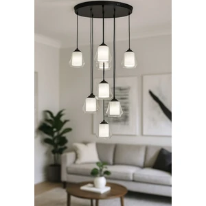 Venita 8 li Şeffaf+Beyaz Çift Camlı Salon Oturma Odası Modern Sarkıt Avize - (Siyah Kasa)