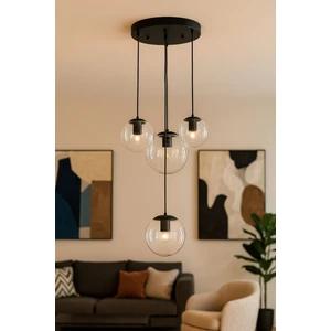 Pigaro 4 lü Şeffaf Camlı Salon Oturma Odası Modern Sarkıt Avize - (Siyah Kasa)