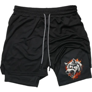 Baskılı Sporcu Şortu, Alt Siyah Tayt Görünümlü Çok Cepli Taytlı Spor Şortu Kurt