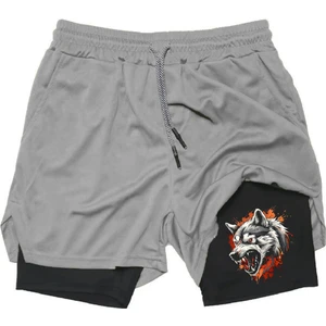 Baskılı Sporcu Şortu, Alt Siyah Tayt Görünümlü Çok Cepli Taytlı Spor Şortu Kurt