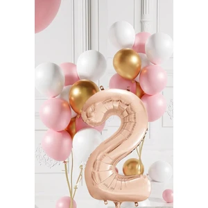 2 Yaş Retro Gold Pembe Beyaz Balon Seti Rose Gold Rakamlı Doğum Günü Balonu Şık Parti Süsleme