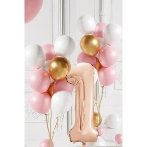 1 Yaş Retro Gold Pembe Beyaz Balon Seti Rose Gold Rakamlı Doğum Günü Balonu Şık Parti Süsleme