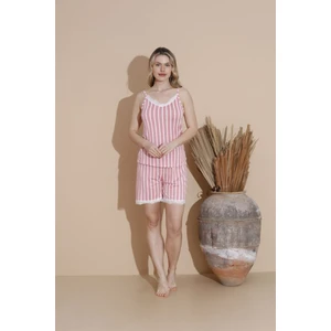 Boyraz Beyaz Pembe Çizgili Desen Dantel Detaylı Ip Askılı Kısa Shortlu Kadın Pijama Takımı