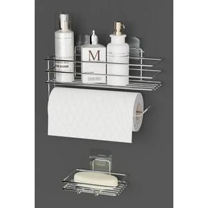 Hill Homes Krom Gümüş Yapışkanlı 2 Li Set Banyo Rafı Rulo Kağıt Havlu ve Sabunluk Set Düzenleyici