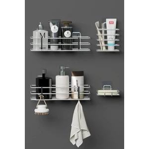 Hill Homes Krom Gümüş Renk Yapışkanlı 4'lü Banyo Seti Duş Rafı + Sabunluk + Diş Fırçalık Metal Set