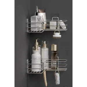 Hill Homes Krom Gümüş Yapışkanlı 2li Banyo Köşeliği Köşe Rafı Duş Şampuanlık Düzenleyici Organizer
