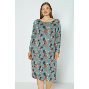 Desenli Uzun Kollu Büyük Beden Likralı Viskon Gecelik