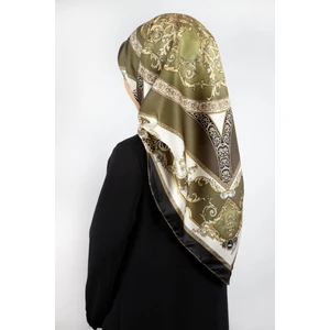 Twill Barok Desenli Haki Yeşili Renkli 90X90 Eşarp (Ipek Içermez) Kenar Dikiş Şekli El Dikişli