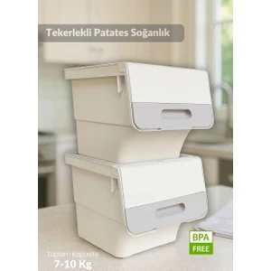 2'li Tekerlekli Sebzelik Seti BPA Free Erzak Kutusu Patateslik Soğanlık Krem 24 Lt