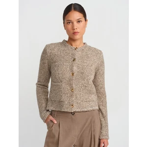 60923 Bisiklet Yaka Buklet Cepli Düğmeli Triko Hırka-Vizon