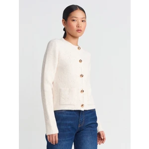 60935 Bisiklet Yaka Pullu Simli Düğmeli Triko Hırka-Krem