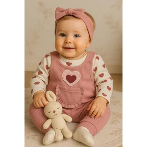 Kalpli Kız Bebek Tulum 3’lü Tulum Seti – Kollu Zıbın, Cepli Tulum ve Çorap | 3-6-9 Ay Bebek Kıyafeti