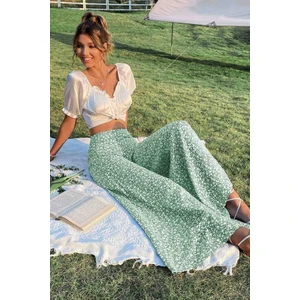 Merry See Çiçek Desenli Ispanyol Paça Yüksek Bel Dokuma Pantolon