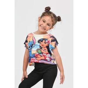 E Çocuk Düşük Kol Lilo Stitch Dijital Baskı Tshirt - 6632