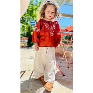 Kol ve Ön Nakışlı Keten Pantolon Takım 2-7 Yaş Taba