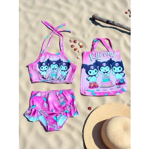 Kız Çocuk Karakter Baskılı Eteği Fırfırlı- Ip Bağlamalı Çanta Mayo Bikini 3 Lü Takım