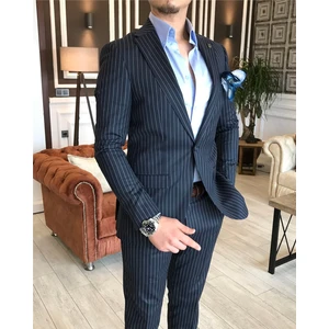 Terzi Adem İtalyan stil slim fit çizgili erkek ceket pantolon takım elbise Koyu Lacivert T4896