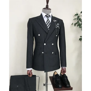 Terzi Adem İtalyan stil çizgili kruvaze ceket pantolon takım elbise Antrasit T8607