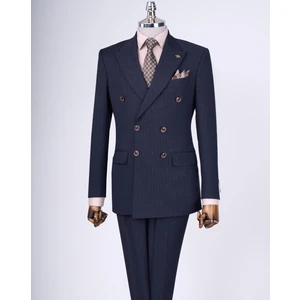 Terzi Adem Italyan Stil Slim Fit Çizgili Kruvaze Ceket Pantolon Takım Elbise Lacivert T9501