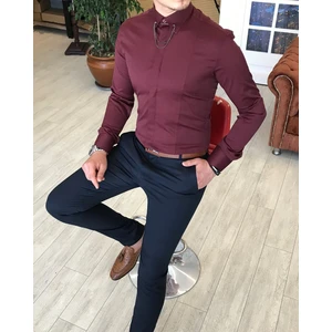 Terzi Adem İtalyan Kesim Slim Fit Erkek Saten Bordo Zincirli Gömlek T4099