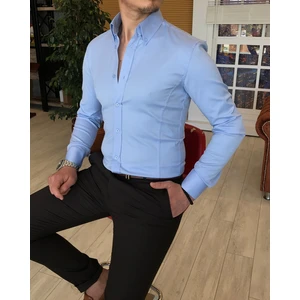 Terzi Adem İtalyan Stil Slim Fit Dik Yaka Saten Erkek Gömlek Mavi T4750