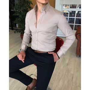 Terzi Adem İtalyan Stil Slim Fit Dik Yaka Saten Erkek Gömlek Bej T4751