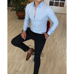 Terzi Adem İtalyan Stil Slim Fit Dik Yaka Saten Erkek Gömlek Buz Mavisi T4749