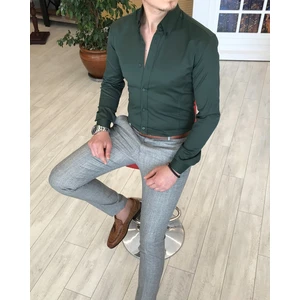 Terzi Adem İtalyan Stil Slim Fit Dik Yaka Saten Erkek Gömlek Yeşil T4743