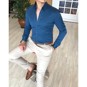Terzi Adem İtalyan Stil Slim Fit Dik Yaka Saten Erkek Gömlek Lacivert T4752