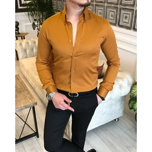 italyan stil slim fit dik yaka saten erkek gömlek Hardal T5105