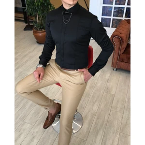 Terzi Adem İtalyan Kesim Slim Fit Erkek Saten Siyah Zincirli Gömlek T4090