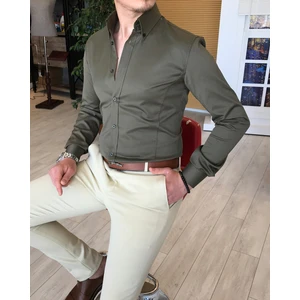 Terzi Adem Italyan Stil Slim Fit Dik Yaka Saten Erkek Gömlek Haki T4745