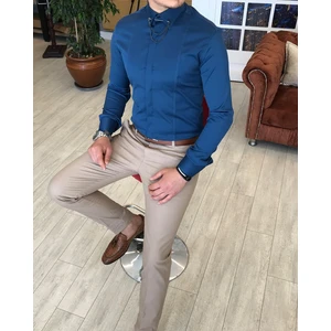 Terzi Adem İtalyan Kesim Slim Fit Erkek Saten Lacivert Zincirli Gömlek T4098