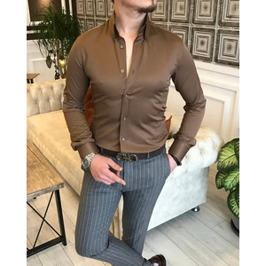italyan stil slim fit dik yaka saten erkek gömlek Açık Kahve T5103