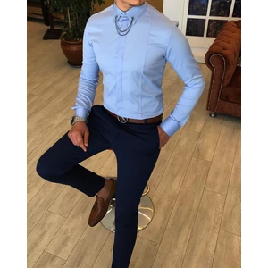 Terzi Adem İtalyan kesim slim erkek  saten buz mavisi zincirli gömlek T4097