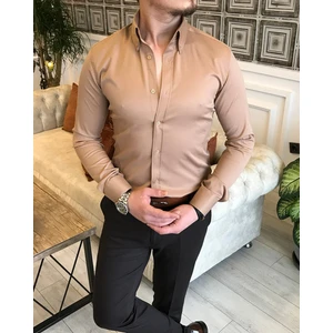 italyan stil slim fit dik yaka saten erkek gömlek Vizon T5104