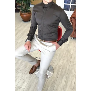 Terzi Adem Italyan Kesim Slim Fit Erkek Saten Zincirli Gömlek Kahverengi T4801
