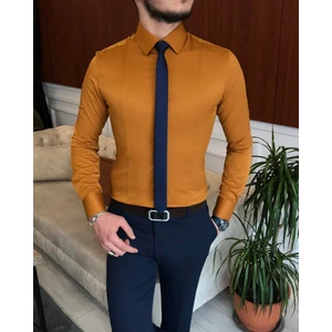 Terzi Adem İtalyan stil slim fit erkek kravat yaka gömlek Hardal T6819