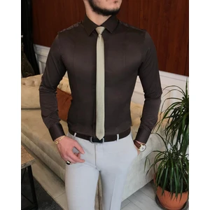Terzi Adem Italyan Stil Slim Fit Erkek Kravat Yaka Gömlek Kahverengi T6817
