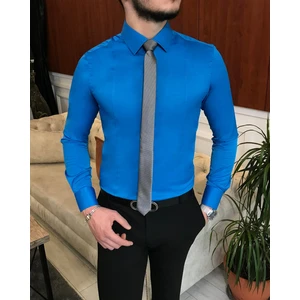 Terzi Adem Italyan Stil Slim Fit Erkek Kravat Yaka Gömlek Saks T6815