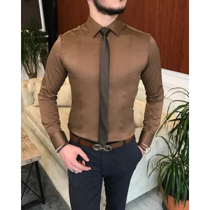 Terzi Adem Italyan Stil Slim Fit Erkek Kravat Yaka Gömlek Kahverengi T6818